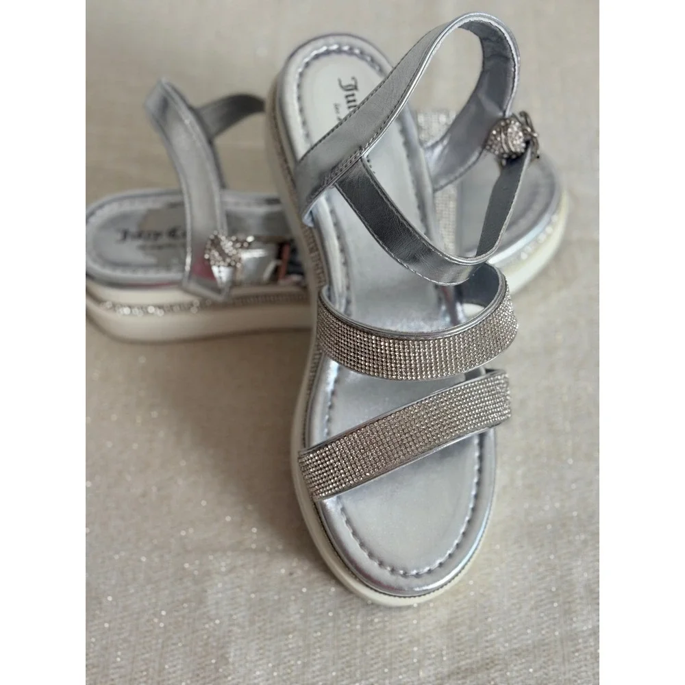 Juicy Couture Tonko‎ Silver Metallic Rhinestone Platform Sandals Womens 9.5